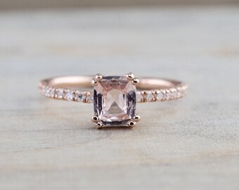 Natural Cushion Peach Sapphire set on 14k Rose Gold Diamond Ring Engagement Solitaire