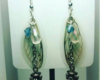 Cicada Wing Earrings With Flower Accents