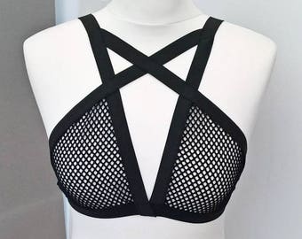 Fishnet Bralette, Bondage Bralette, Mesh Bra, Cage Bra, Sexy Underwear, See through lingerie, chest harness, sexy black bra, soft cup bra