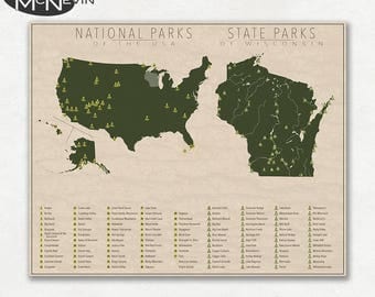 NATIONAL and STATE PARK Map of Wisconsin and the United States, Fine Art Photographic Print for the home decor.