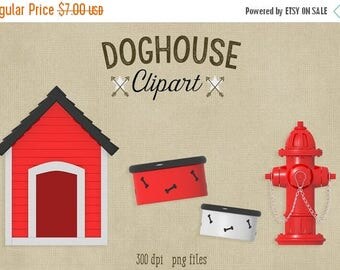 80% OFF SALE Doghouse Clipart, 300 dpi PNG file, dog, fire hydrant, dog bowl with bones clipart, commercial use, scubamousestudiosjr