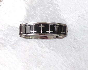 Silver and black wedding band, cross wedding band, two tone wedding band, stainless steel wedding band, religious wedding band, black band