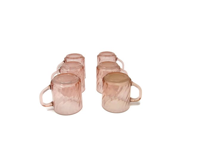 Vintage Rosaline Pink Swirl Arcoroc Durand Coffee Mugs, Set of 6, 1980 Mid Century Dinnerware, Glass Barware, Vintage Kitchen