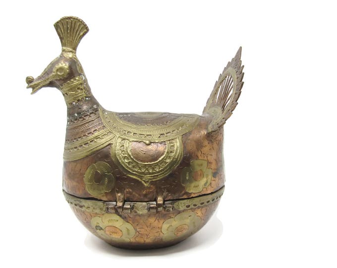 Vintage Dhokra Figural Peacock Trinket Lidded Box, Copper and Brass Made in India Copper Jewelry Coins BOX Bird Figurine