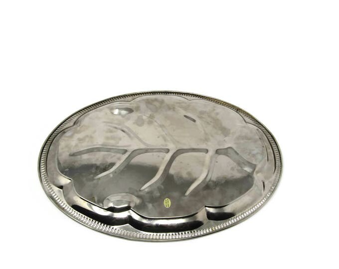 Vintage Silver Oval Roast Plate Drippings Well - Mid Century Vintage Large Oval Silver Turkey Serving Platter - Holiday Tree Leaf Platter