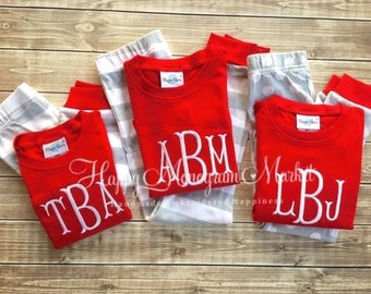 Organic Children's Monogrammed initials name Christmas Stripe Pajama Set Red Shirt Gray and White Stripe Pant Matching Family Holiday PJ's