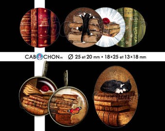 Vieux Livres 60 Images Digitales RONDES 25 20 mm OVALES 18x25 13x18 mm chat livre grimoire vieux vintage ancien cabochon doré couverture