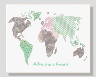 45 Nursery wall art,world map nursery,baby room decor,mint,pink,gray,adventure awaits,tableau chambre enfant