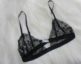 Sheer lingerie / black lace bralette / black sheer panties