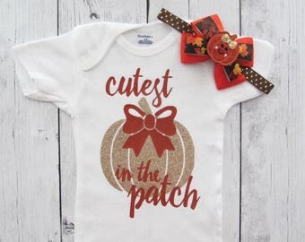 Cutest Pumpkin in the Patch Onesies - baby holiday outfit, pumpkin gold, first thanksgiving shirt, rust gold, pumpkin bow