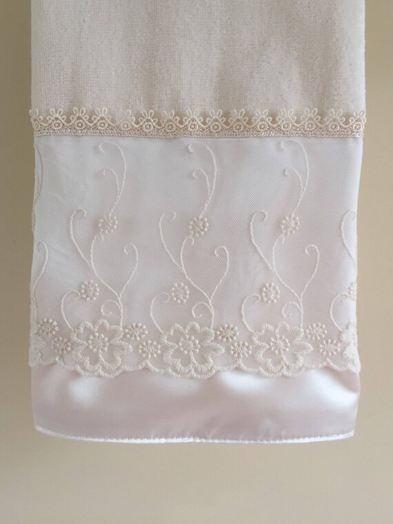 CHANTILLY LACE Hand Towel with SATIN Trim Ivory 100 Cotton