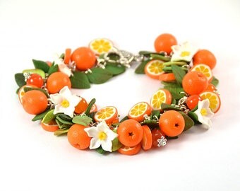 Orange cha cha charm Bracelet - Polymer clay jewelry - Gift for girlfriend - Handmade jewelry - Orange citrus jewellery