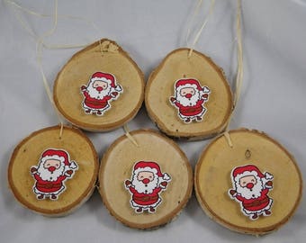 Noel11 - 5 Christmas ornaments Santa Claus and wood
