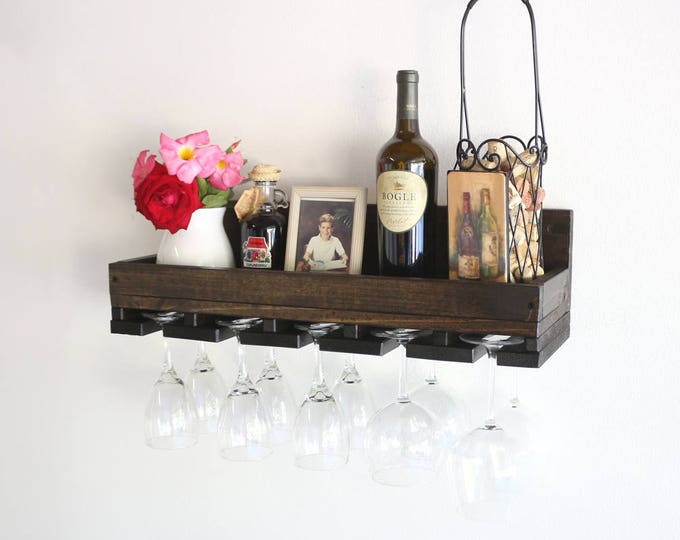 24" Rustic Wall Wine Rack & Hanging Stemware Glass Holder Organizer Wood Bar Shelf, Floating Shelf