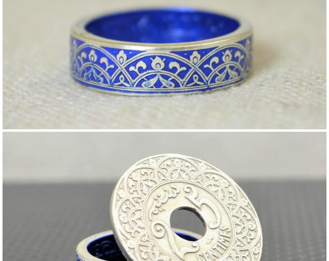 Moroccan Coin Ring, Blue Coin Ring, Stained Glass Ring, Blue Ring, Coin Art, Morocco, Silver Coin Ring, Moroccan Art, Boho Ring, Blue