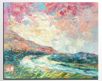 Landscape Mountain River Painting, Original Painting, Oil Painting, Wall Art, Canvas Art, Abstract Painting, Modern Art, Canvas Painting