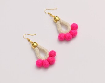 Pink Pom Pom Earrings, Colorful Statement Earrings, Rope Earrings, Textile Earrings, PomPom Jewelry, Fabric Boho Earrings, Playful Earrings