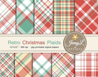 50% OFF Retro Christmas Plaids Digital Papers, Vinatge Christmas, Holiday red blue Digital ScrapbookingPaper for scrapbooking, planner, invi