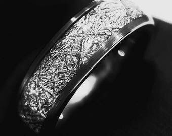 Meteorite Ring, Meteorite Tungsten Wedding Band, Men Women Engagement Rings, His and Her Promise Rings, Tungsten Rings, Brushed Ring - 6mm