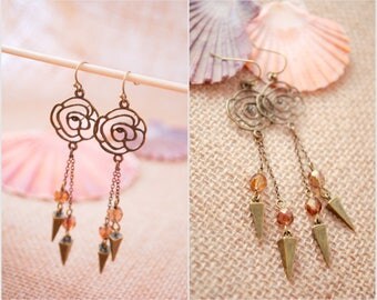 Extra long geometric art earrings, flower brass drop earrings, lovely tribal everyday jewelry, trendy dangle chain earrings, unique design