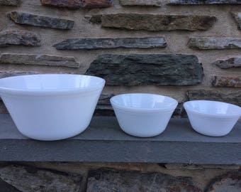 Vintage Milk Glass Mixing Bowls...Set. Federal Glass. Glass. White. Three. Cooking. Baking. Mixing. Retro. Old. Kitchen.