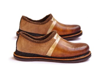 Wool leather shoes- felted shoes- brown shoes-natural material footwear-eco shoes-leather woman shoes-autumn shoes-minimalist shoes