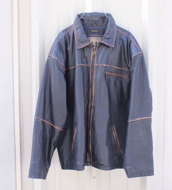 Vintage Leather Man Jacket / Distressed Leather Biker Jacket / Black Leather Jacket Exta Large