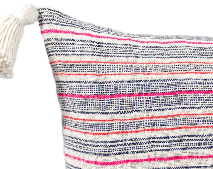 11"x20" Multi Stripes Hmong Hand Woven Hemp Pillow Cover With Tassels/Vintage Organic Hill Tribal Textile Pillow/Bohemian Decorative Pillow