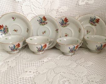 Vintage Herend Demitasse Cups And Saucers, Set Of Four, Boquet de Tulipe, Expresso Cups And Saucers, Mocha Cups, Porcelain Demitasse Cup