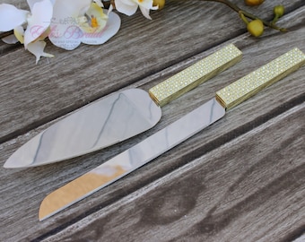 FAST SHIPPING!! Gold Swarovski Crystal Cake Knife and Server Set, Wedding Cake Server and Knife, Gold Cake Server and Knife