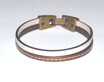 Brown and beige men leather bracelet, bronze metal