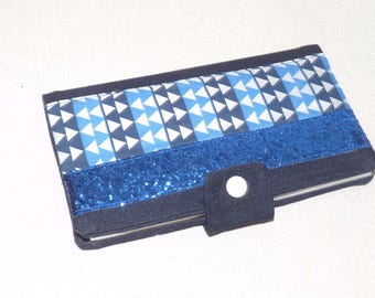 Checkbook holder denim/cotton geometric triangles, band blue glitter