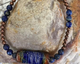 Blue Lapis and Ceramic Focal Man's Stretch Bracelet