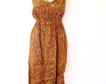 SUMMER SALE 40% OFF Dress made from Upcycled Silk Saris from India // Mustard Yellow with Geometric Pattern // Small-Medium // Boho Style //