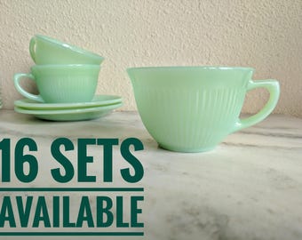 Fire King Jane Ray Jadeite Cup & Saucer, Vintage Jadeite Tea Coffee Cups and Saucers Sets, Fire King Collectible Glassware, Green Milk Glass