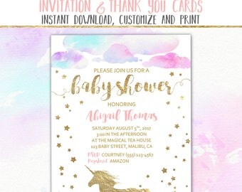 Unicorn Baby Shower Invitation & Thank You Card, Editable Printable Unicorn Shower Invite, 5x7" Flat Double Sided PDF INSTANT DOWNLOAD