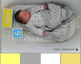 Baby Bjorn fitted bassinet sheets.Yellow, gold, gray and white premium cotton designer cradle sheets.Modern nursery decor.Gender neutral