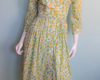 70s Liberty Buttercup Summer Dress, Bright Yellow Meadow Shirt Dress, Liberty of London Bright Floral Shirt Waister, 33in Bust, X-Small