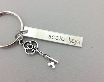Hand Stamped Accio Keys Keychain, Harry Potter Inspired, Customizable Keychain on Both Sides