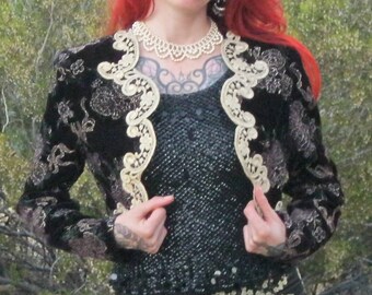 Vintage 80's SCOTT MCCLINTOCK Black Velvet Brocade Bolero Jacket | Gold Filigree Trim | Floral Print | Size 4 | Boho/Glam