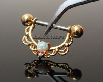 White Opal Centered Filigree Nipple Ring, Gold Nipple Shield, Opal Nipple Piercing, 14G, Surgical Steel Body Jewelry, H 261