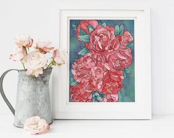 Summer Peony Garden Flowers Original Watercolor