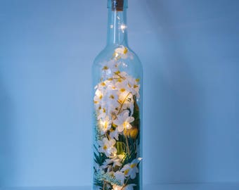 Terrarium, Bottle Light, Birthday Gift For Her, Wedding Decor, Bottle Lamp, Silk Flowers, Fairy Lights, Mother's Day Gift, Daisy Gifts