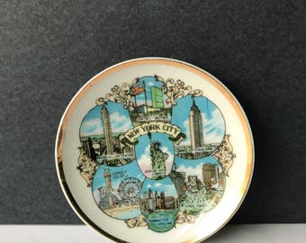 Vintage Mini New York City Souvenir Plate - Multi-Colored Gold Edged / NYC / Statue of Liberty Times Square Empire State Manhattan Skyline