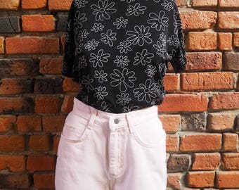 Women's 90s Black High Neck Turtleneck Top T-Shirt With White Flowers Floral Pattern Print Size Large