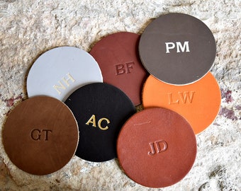 Custom Leather Circle Coasters - Set of 4. Monogram Coaster Set. Personalized Coasters. Multiple Colors, Gold & Silver Options Available.