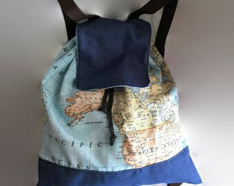 World map backpack, blue denim cotton backpack, made in spain, jeans casual backpack, drawstring backpack, denim rucksack, hippie backpack