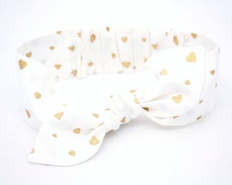 Hearts Gold baby headband, white gold hearts baby, knot baby headband, girls headband, metallic gold white, white heart headband
