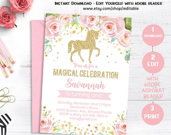 Unicorn Birthday Invitation, Magical Unicorn invite, Floral Unicorn, Pink Gold Face Unicorn, Editable invitation, Template Instant Download