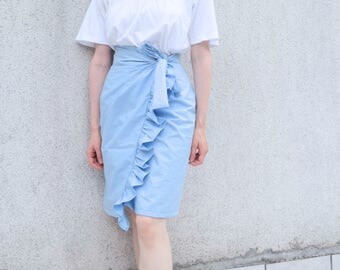 Baby Blue Pencil Skirt- Ruffle Skirt Light Blue- Wrap Skirt Cotton
